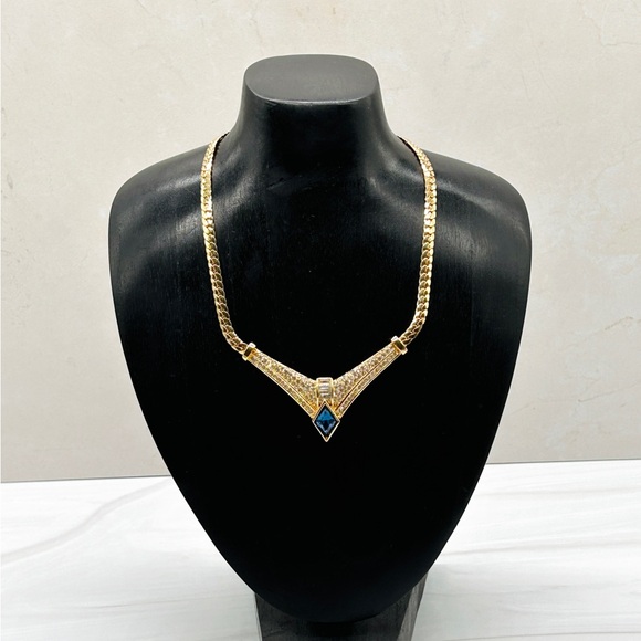 Authentic Vintage Christian Dior Gold Tone  Blue Rhinestone Crystal Necklace 16” - Picture 8 of 15